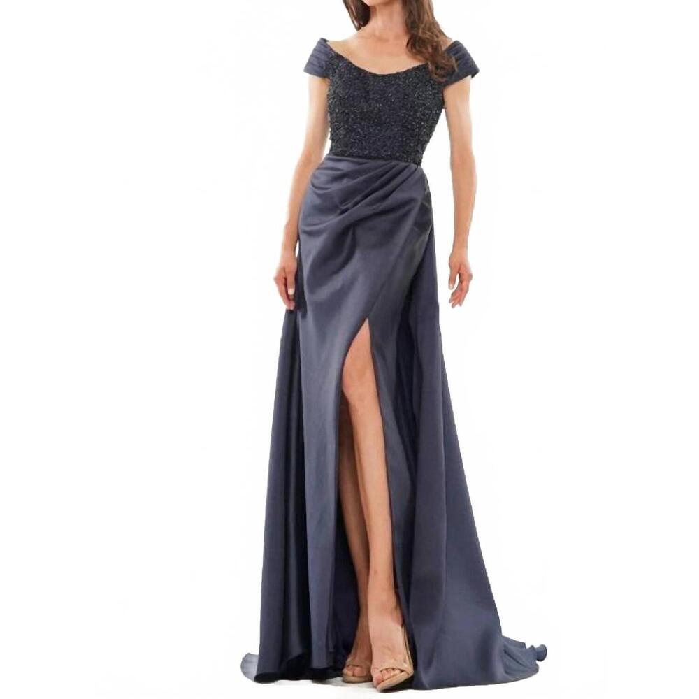 NEW COLORS DRESS beaded bodice gown in navy